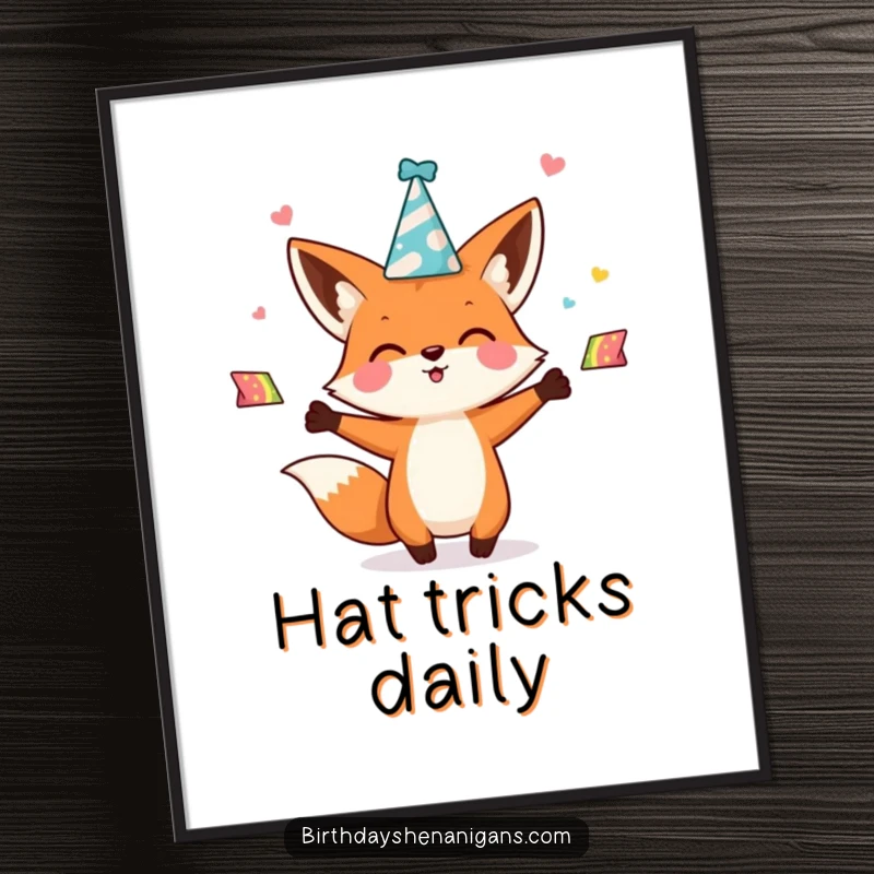 Funny kawaii fox character enthusiastically juggling party hats on a poster, creating a vibrant and festive piece of art.
