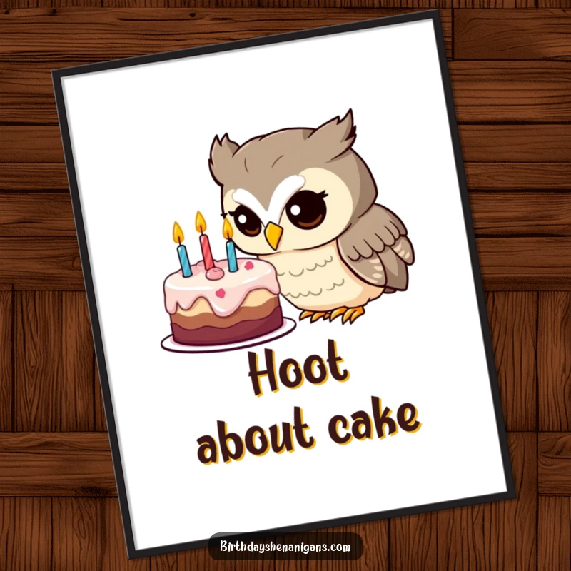 Funny owl poster print of a curious character inspecting a birthday cake, ideal for whimsical wall art.