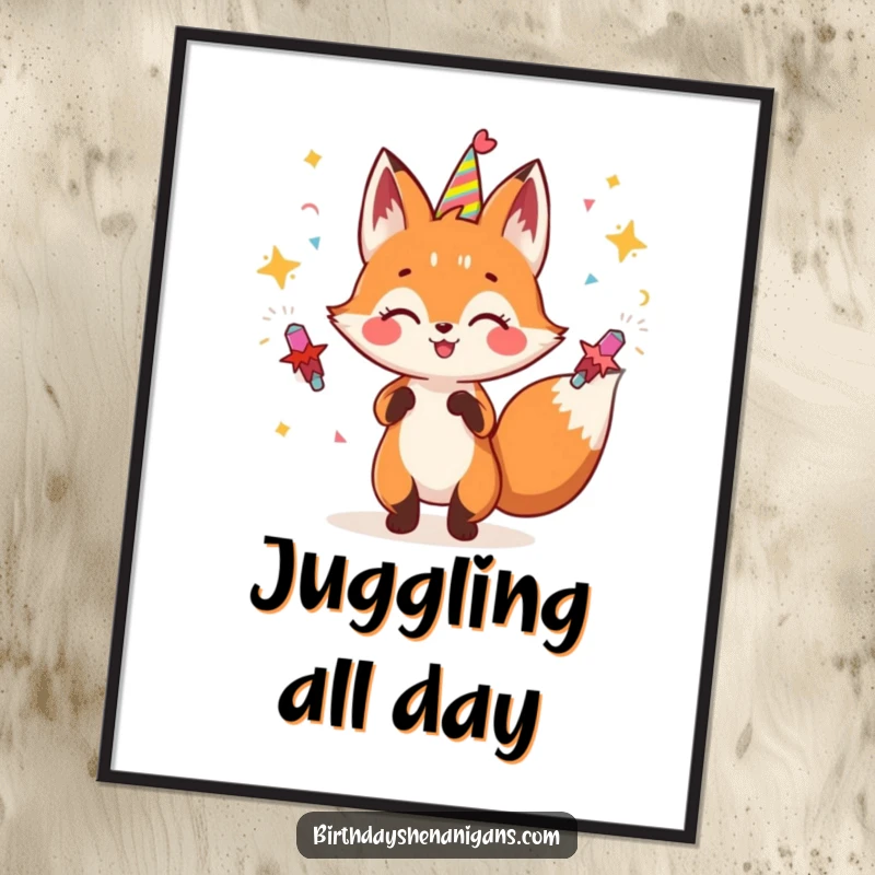 Funny fox poster print of a gleeful character expertly juggling party poppers, adding energetic decor.