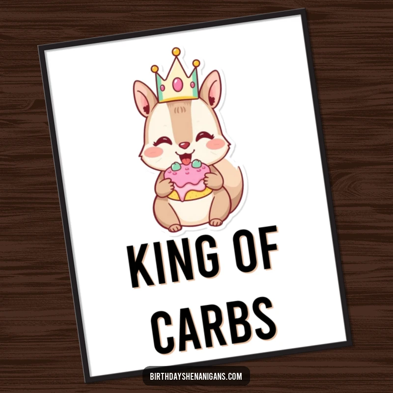 Funny Squirrel Poster: Joyful character with crown, stuffing cheeks with cake, vibrant wall art.