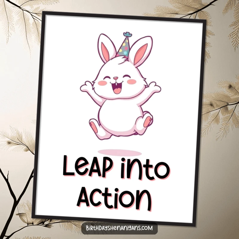 Funny poster depicting a fluffy bunny in a party hat, captured in a moment of pure, uninhibited leaping celebration.