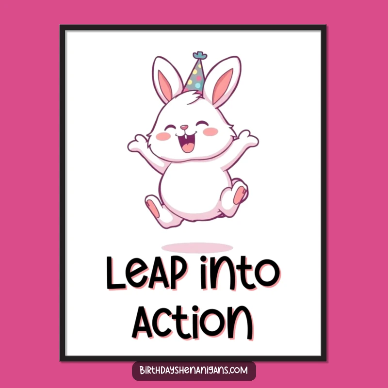 Funny Bunny Party Hat Poster - Vibrant Leaping Rabbit Art Print Gift