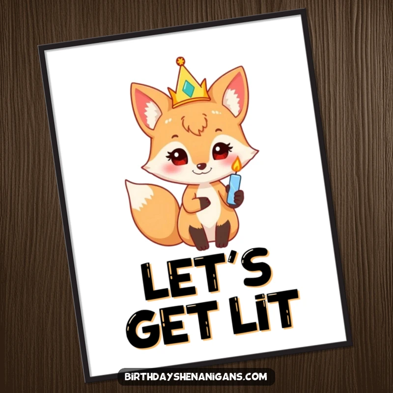Funny curious fox wearing a party crown, holding a twinkling candle, humorous birthday wall art for celebrations.