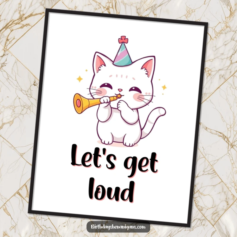 Funny kawaii cat wearing a birthday hat blowing a trumpet on a poster, a festive and happy art piece. Fun decor.