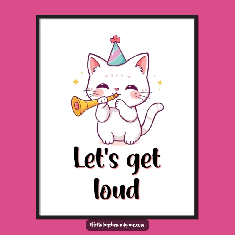 Funny Kawaii Cat Birthday Poster - Festive Trumpet Player Art Print!