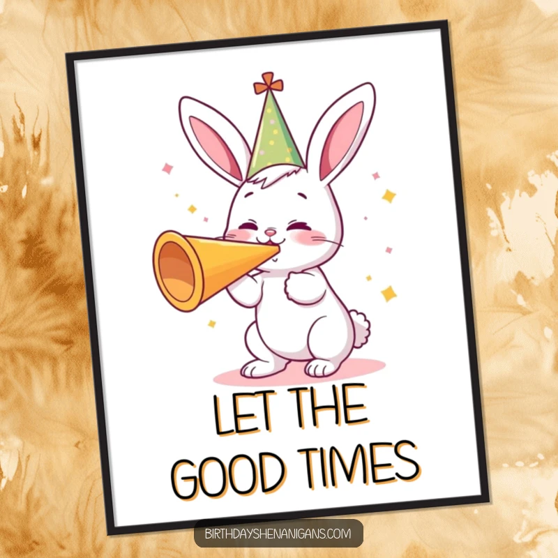 Funny poster art of a cute bunny in a party hat, gleefully blowing a giant party horn, creating a festive and humorous atmosphere.