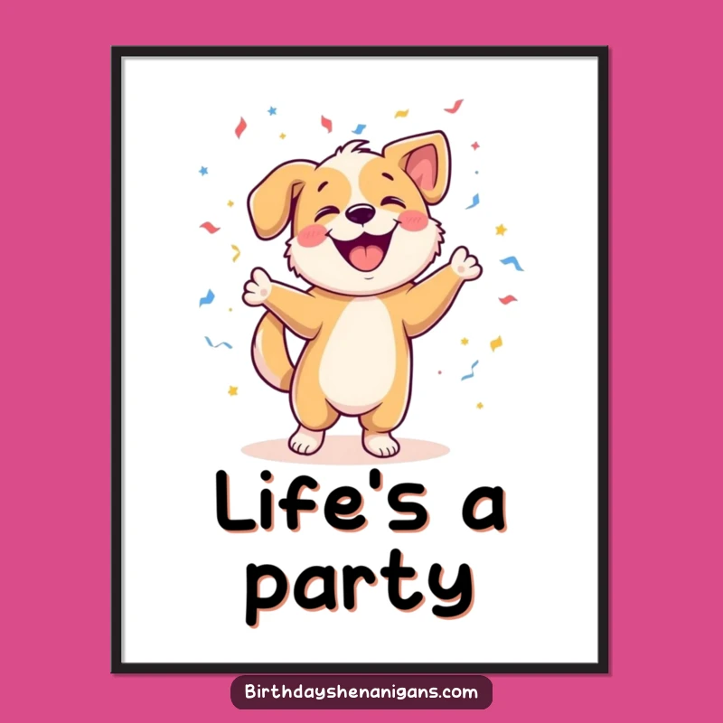 Funny Dog Dancing Poster: Joyful Pup w/ Confetti, Vibrant Wall Art & Gift!