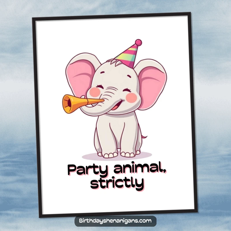 Funny poster featuring a jubilant elephant character blowing a party horn, creating a lively and festive atmosphere.