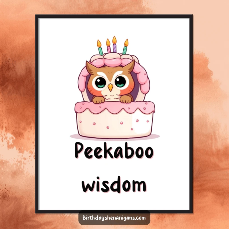 Funny poster featuring a curious owl peeking from behind a huge birthday cake, eyes wide with anticipation.