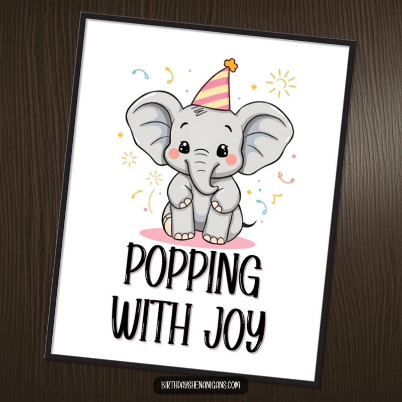 Funny Elephant Poster: Delighted character sprays party poppers, vibrant wall art celebrating fun.