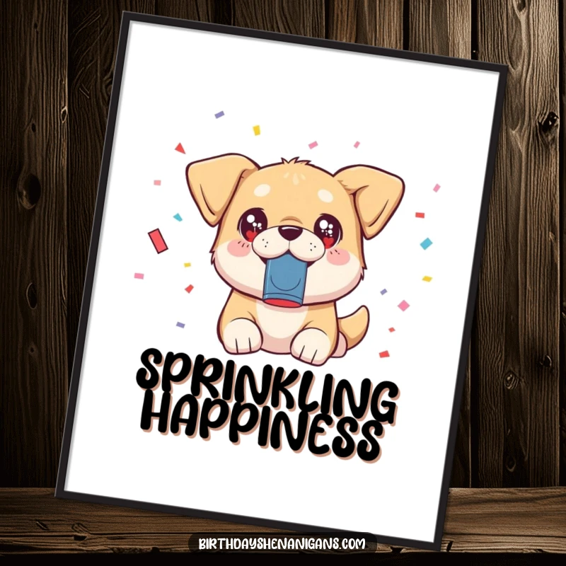 Funny kawaii dog with sparkling eyes launching confetti from a popper, vibrant wall art poster.