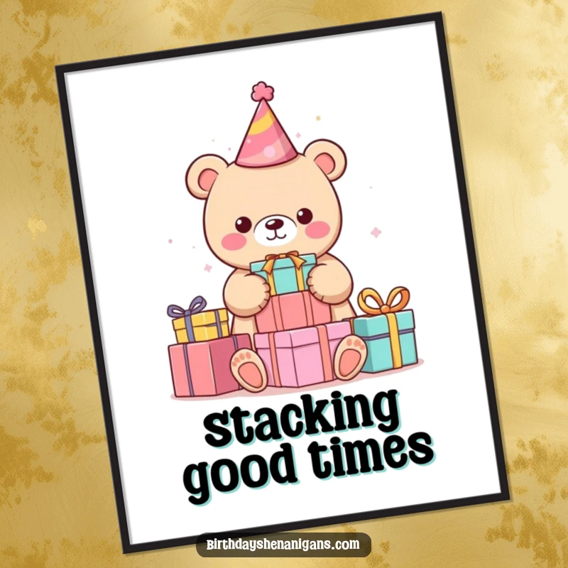 Funny kawaii bear in a party hat enthusiastically stacking colorful presents, vibrant wall art poster for humorous decor.