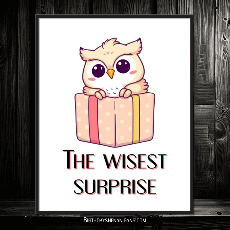 Funny poster art featuring a delighted owl peeking from a gift box, adding a whimsical and joyful touch to decor.