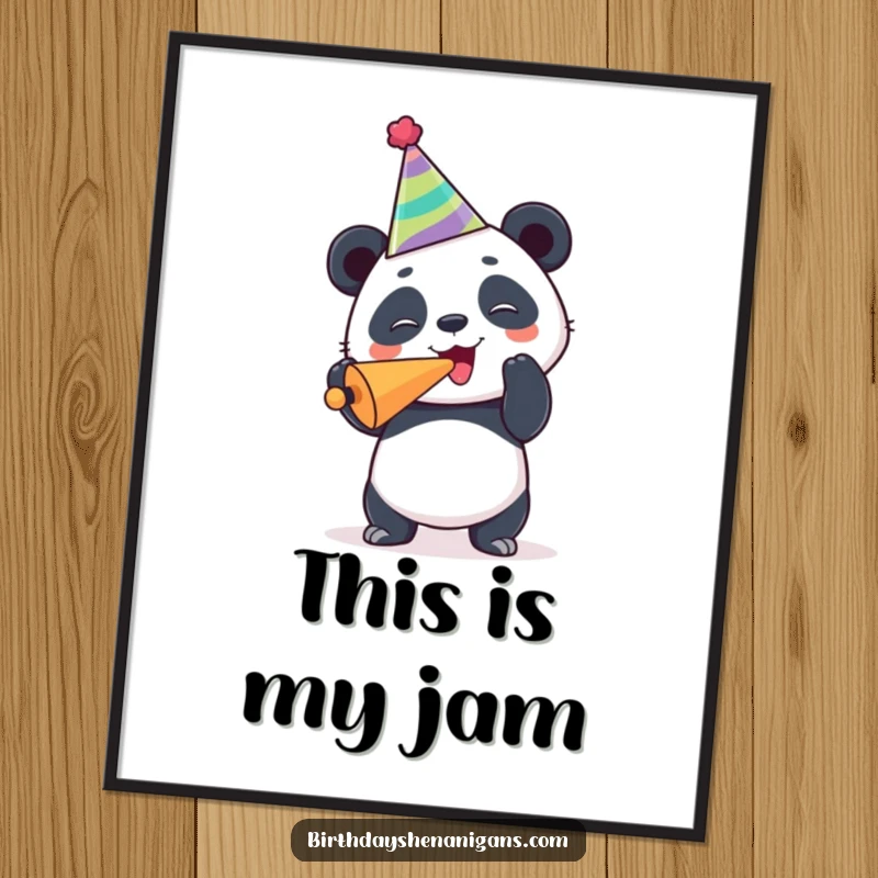 Funny panda poster, joyous, wearing party hat, blowing noisemaker, festive wall art, celebration decoration, humorous.