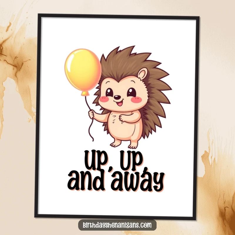 Funny poster of a smiling hedgehog character holding onto a large, colorful balloon, evoking feelings of happiness and celebration.