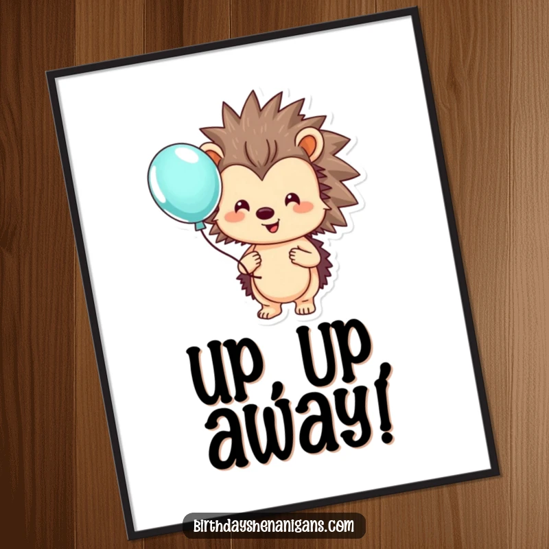 Funny hedgehog poster print of a smiling character holding a colorful balloon, ideal for cute and cheerful wall art.