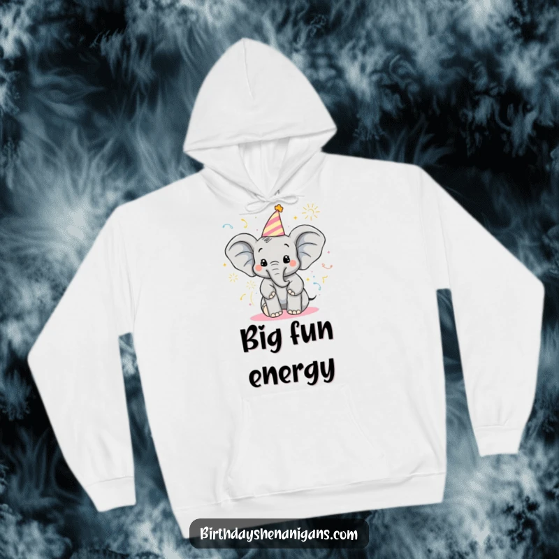 Funny Elephant Hoodie: Delighted character in birthday hat sprays poppers, perfect for cozy celebrations.