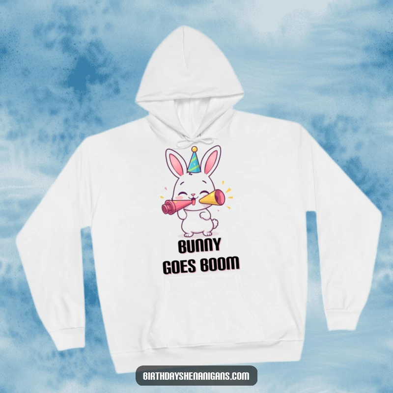 Funny Bunny Hoodie: A happy bunny character in a cozy hoodie, blowing a giant party horn, perfect for festive warmth.