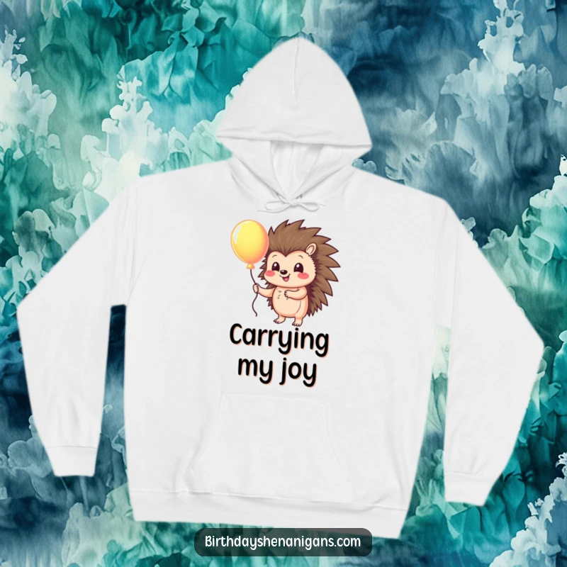 Funny hoodie featuring a cheerful hedgehog character holding a large, colorful balloon, perfect for adding warmth and humor.