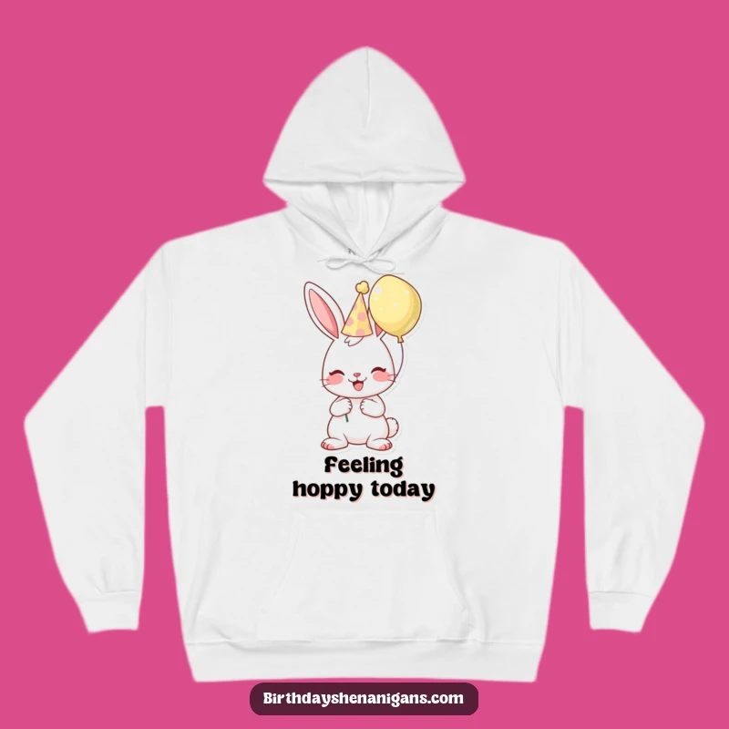 Cozy Funny Birthday Bunny Hoodie: Cheerful Character, Hat & Balloon, Warm Gift