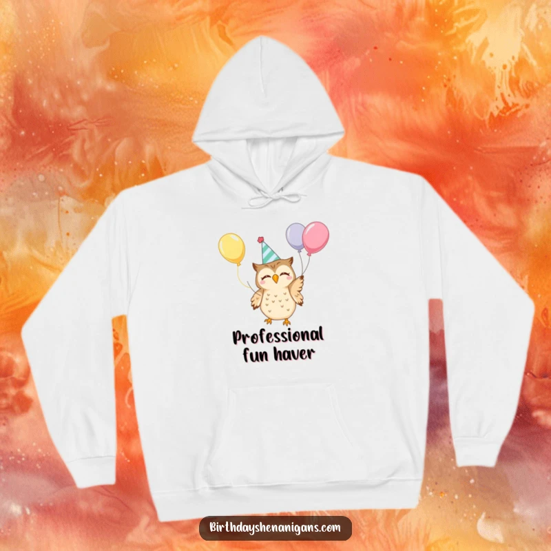 Funny Kawaii Owl Hoodie: A festive owl in a party hat juggling balloons, bringing warmth and humor to a chilly day.