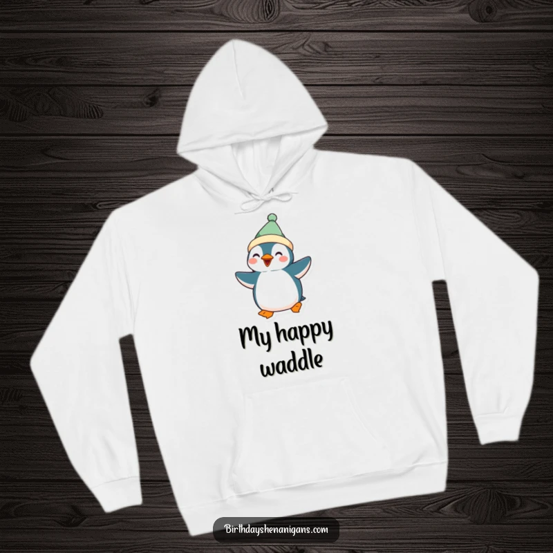 Funny Kawaii Penguin Hoodie: A cute penguin dressed festively doing a silly dance, bringing warmth and humorous vibes.