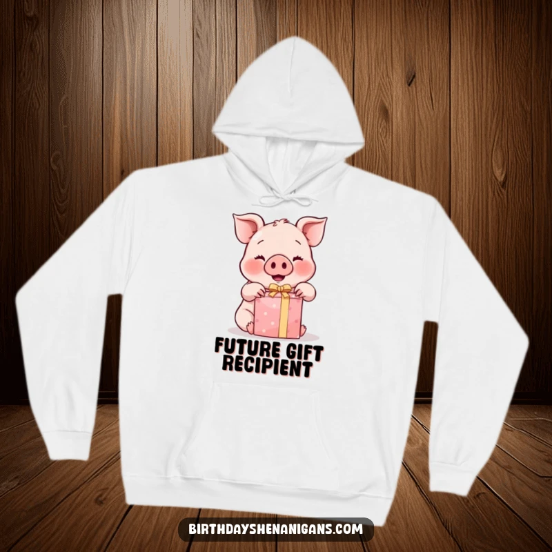 Funny Kawaii Pig Hoodie: A cute piggy with rosy cheeks enthusiastically unwraps a gift, bringing warmth and humor.
