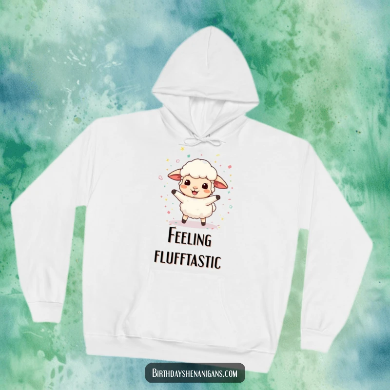 Funny hoodie showcasing a happy sheep character immersed in a delightful shower of confetti, guaranteed to bring smiles.