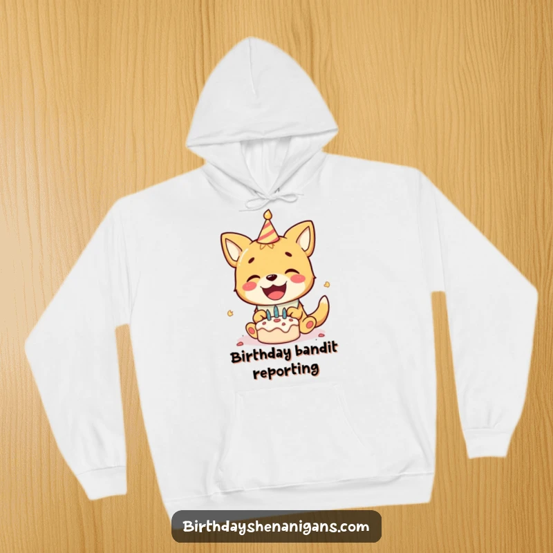 Funny hoodie with a delighted dog wearing a birthday bib, gleefully smashing a tiny cake, radiating pure birthday bliss.