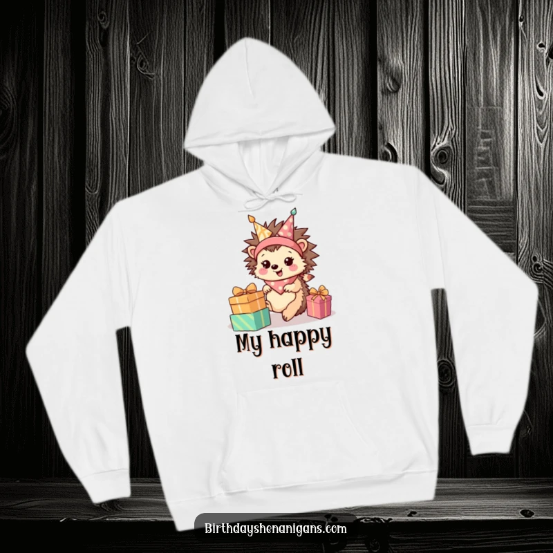 Funny Hedgehog Hoodie: Happy character rolls towards presents, wearing a bandana, perfect for cozy anticipation.