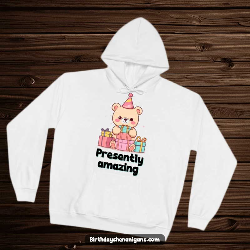 Funny kawaii bear in a party hat stacking colorful gifts on a cozy hoodie, radiating warmth and playful celebration.