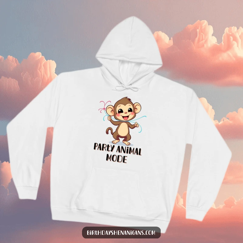 Funny hoodie depicting a playful monkey character enthusiastically dancing with a streamer, embodying pure party spirit.