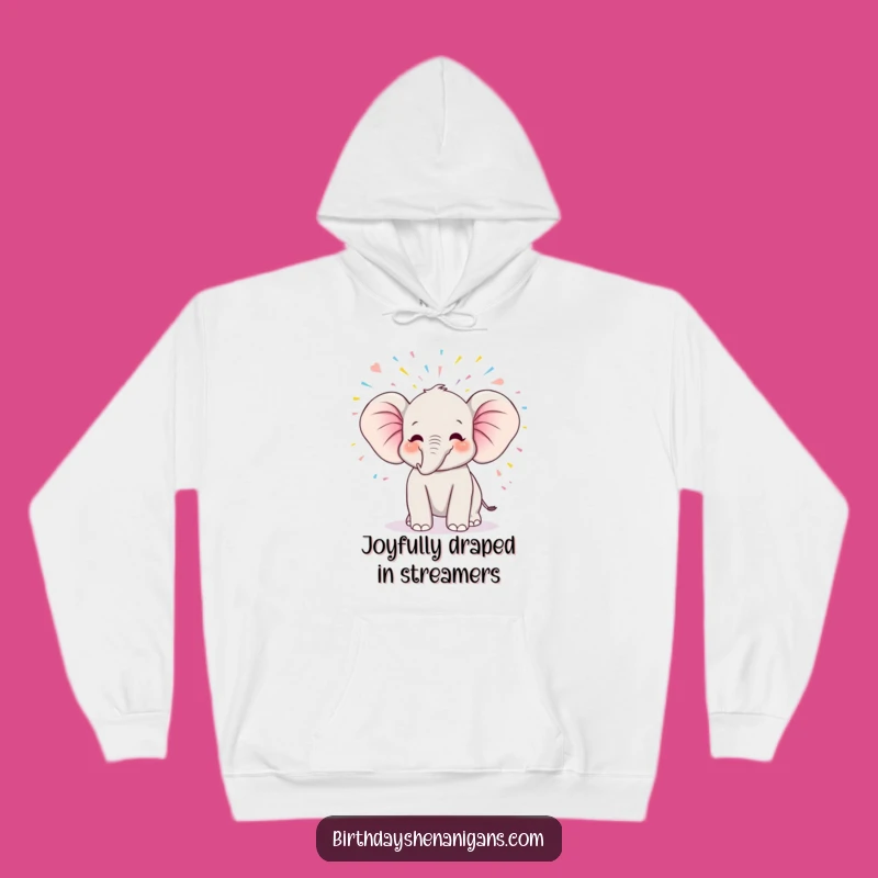 Funny Kawaii Elephant Hoodie - Cozy Birthday Celebration with Streamers