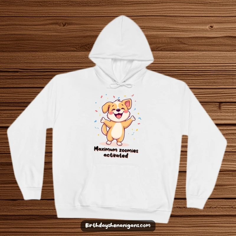 Funny hoodie with a happy dog character in a celebratory dance pose, surrounded by a vibrant explosion of confetti. Pure animated joy.