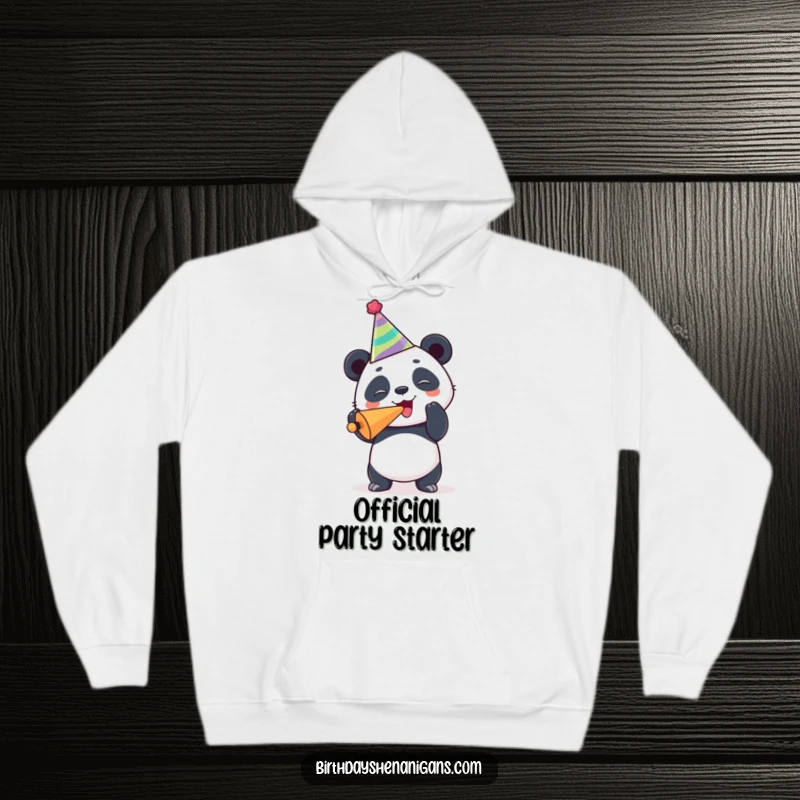 Funny panda hoodie, cozy, wearing party hat, blowing noisemaker, joyous celebration, warm and humorous.
