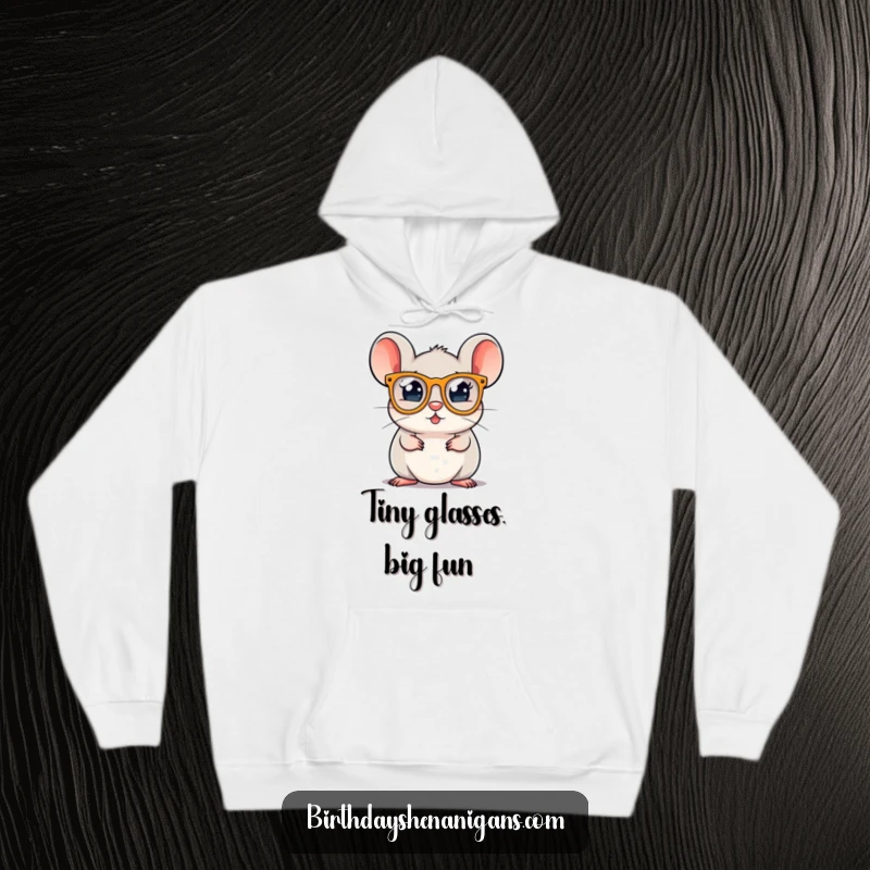 A round mouse character in festive party glasses, featured on a soft hoodie for ultimate cozy fun.