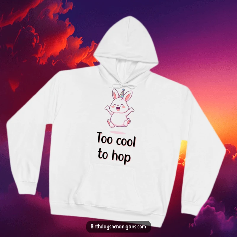 Funny hoodie featuring a joyful, fluffy bunny wearing a party hat, captured in a playful leap, perfect for cozy fun.