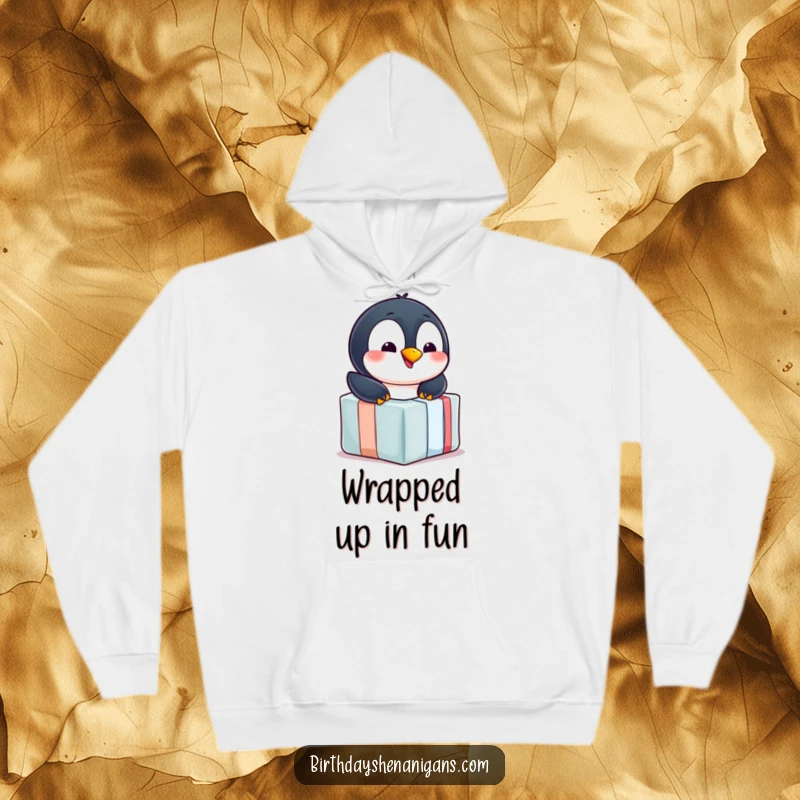 Funny penguin hoodie, cozy, cheerful, sliding down gift, winter comfort, warm celebration wear, humorous.