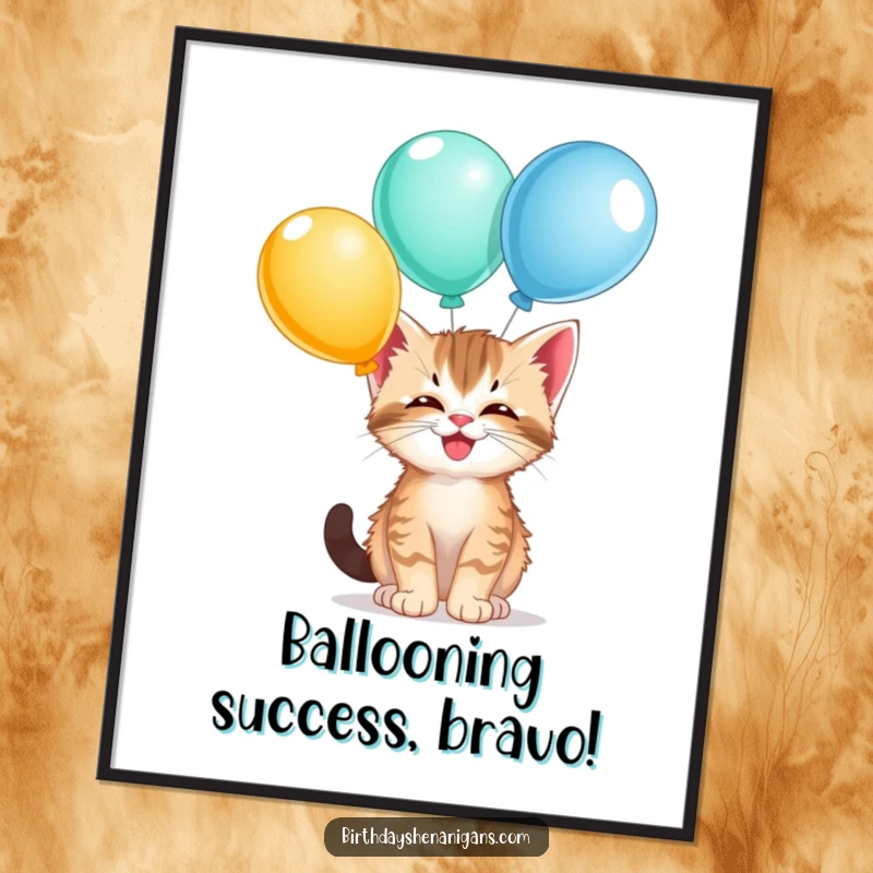 Funny Free Printable Kitten Wall Art: A giggling kitten balancing multiple colorful balloons on its nose, bringing downloadable charm and humor.