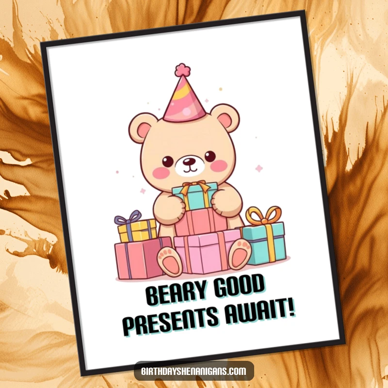 Funny Free Printable Wall Art: A kawaii bear wearing a party hat enthusiastically stacking colorful presents.