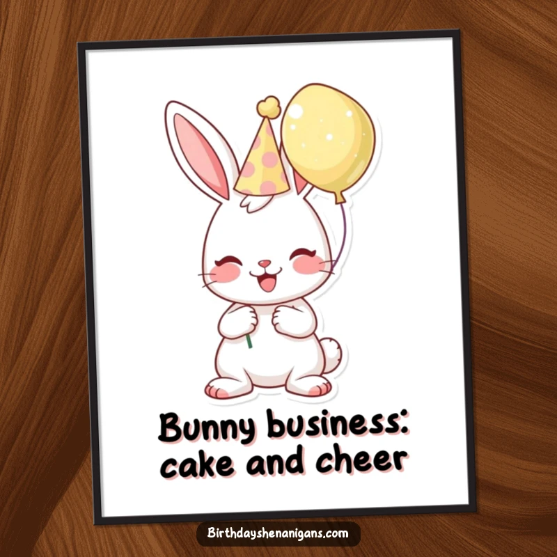 Funny Free Printable Wall Art: A cheerful bunny wearing a birthday hat joyfully holds a balloon, bringing smiles to any room.