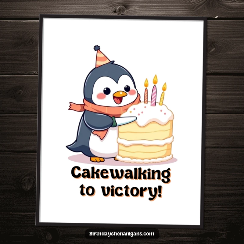 Funny Free Printable Wall Art: A happy penguin wearing a birthday scarf humorously attempts to cut a ridiculously large cake.