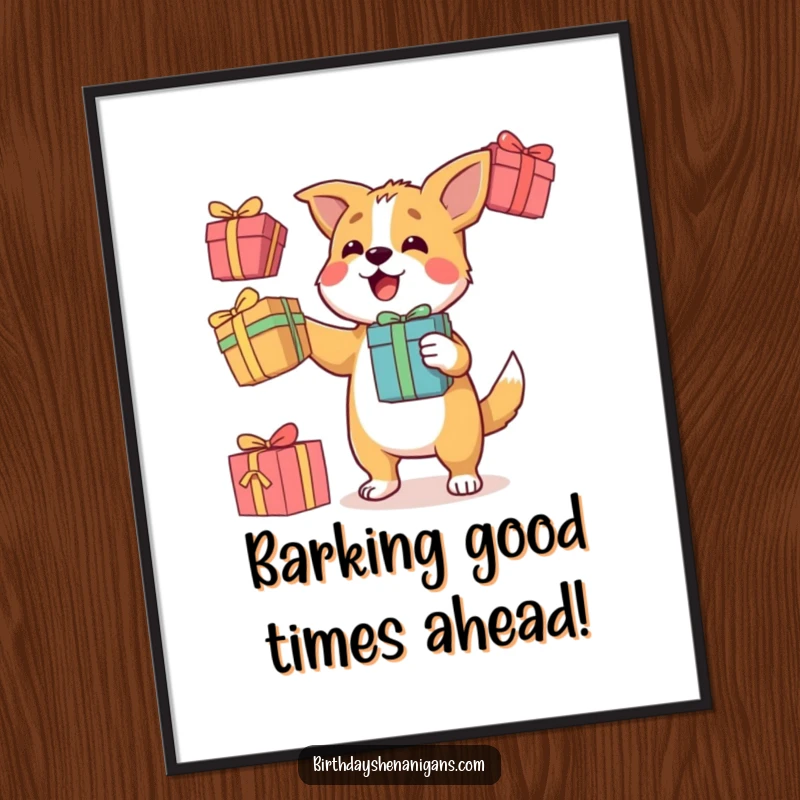 Funny Free Printable Wall Art: A determined dog balances three colorful gift boxes in mid-air, showcasing playful skill.