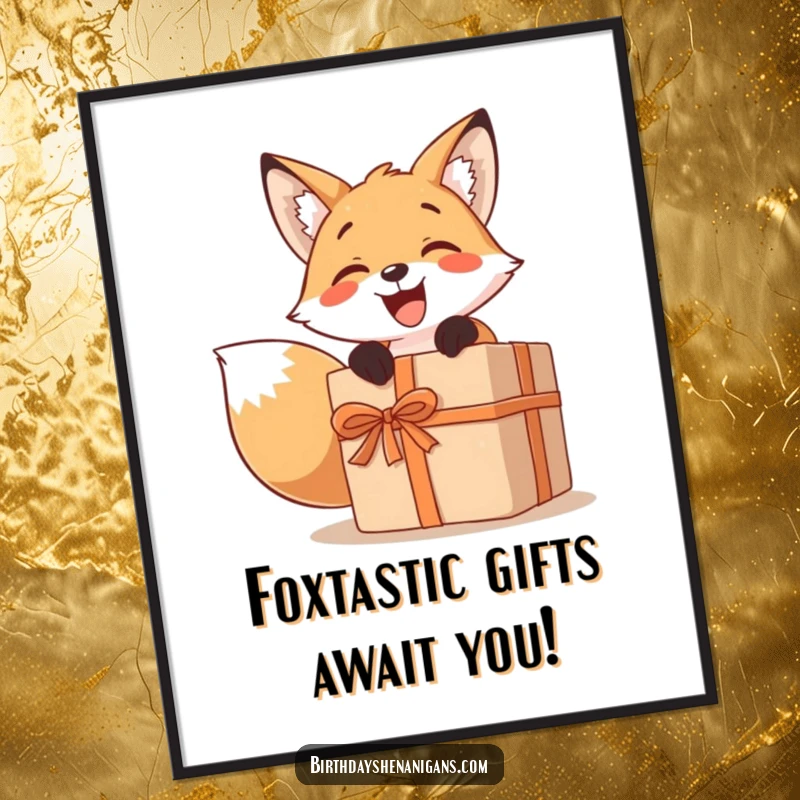 Funny Free Printable Wall Art: A gleeful fox unwraps a giant present, radiating excitement and playful energy on your wall.