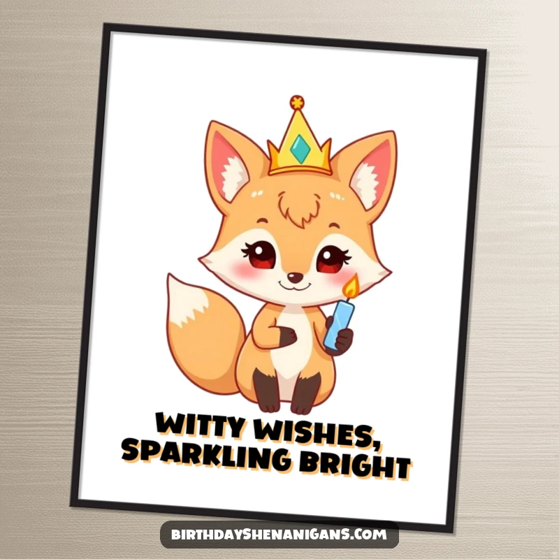 Funny Free Printable Wall Art: Curious fox with a party crown and candle, a cute downloadable gift.