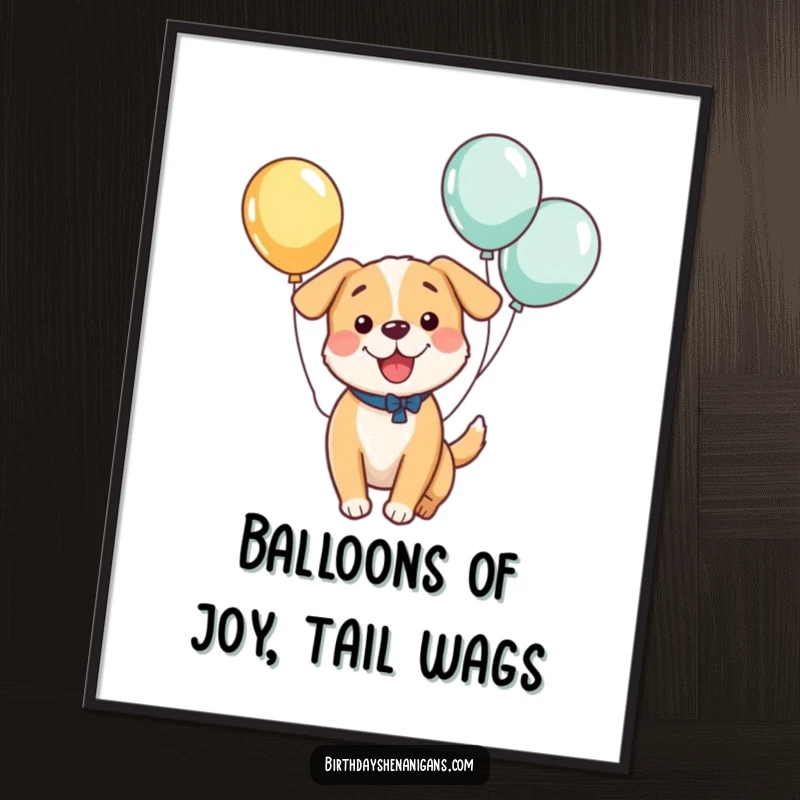 Funny Free Printable Kawaii Dog Wall Art: A happy, bouncing kawaii dog with colorful balloons tied to its tail.