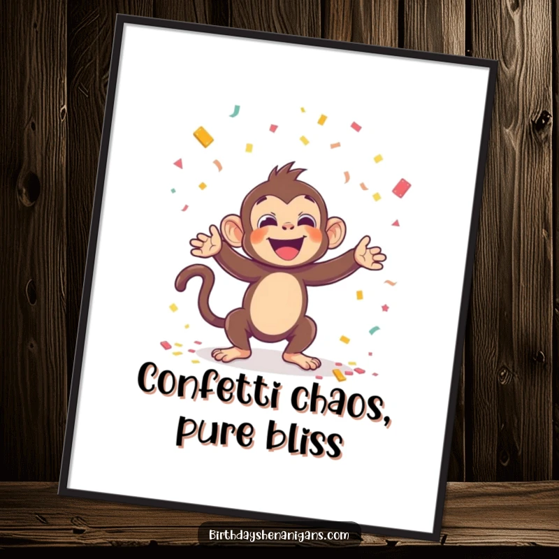 Funny Free Printable Kawaii Monkey Wall Art: A gleeful monkey showering the viewer with a vibrant burst of confetti.