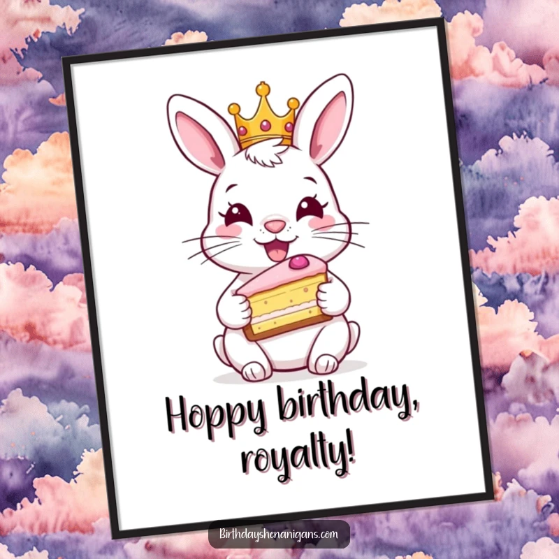 Funny Free Printable Rabbit Wall Art: A happy rabbit wearing a crown and holding a slice of cake, bringing downloadable royal charm.