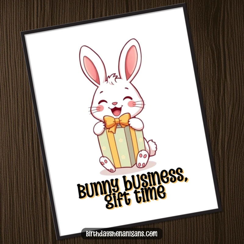 Funny Free Printable Wall Art: A cheerful rabbit joyfully unwraps a brightly colored gift, radiating happiness.