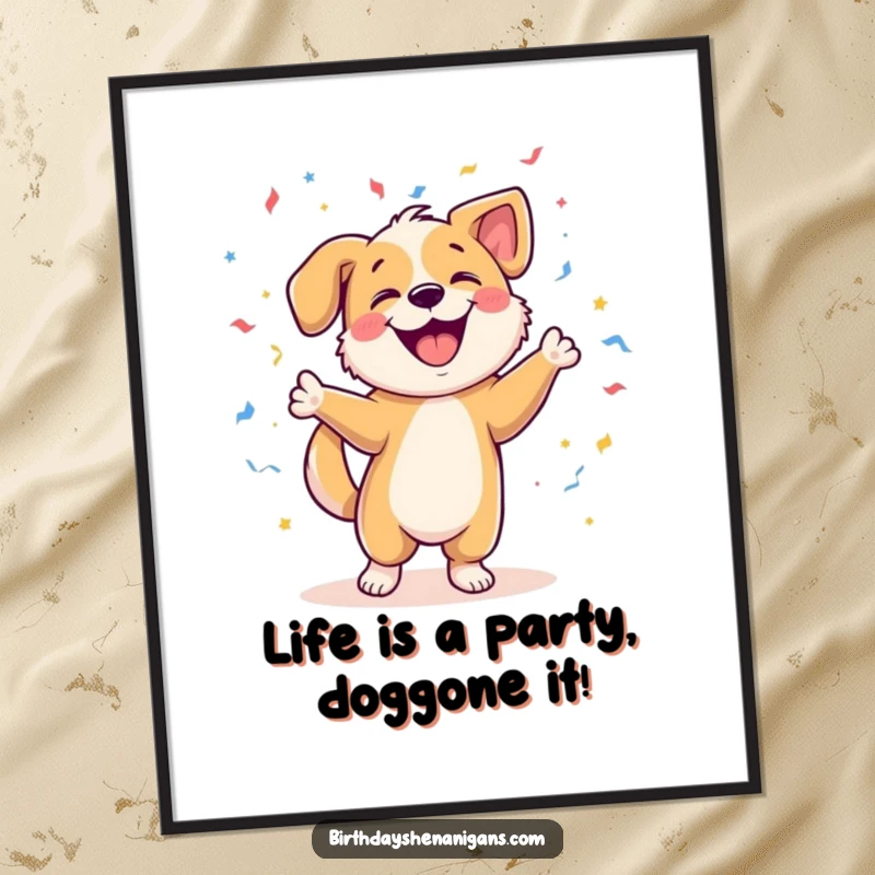 Funny Free Printable Wall Art: A happy dog performing a dynamic dance surrounded by a shower of colorful confetti.